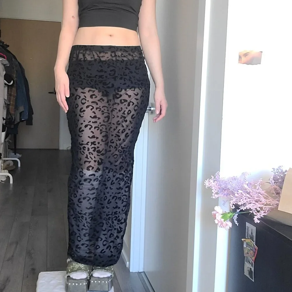 Leopard Bodycon Sexy Animal Print Sheer Maxi Skirt - Picture 3 of 5
